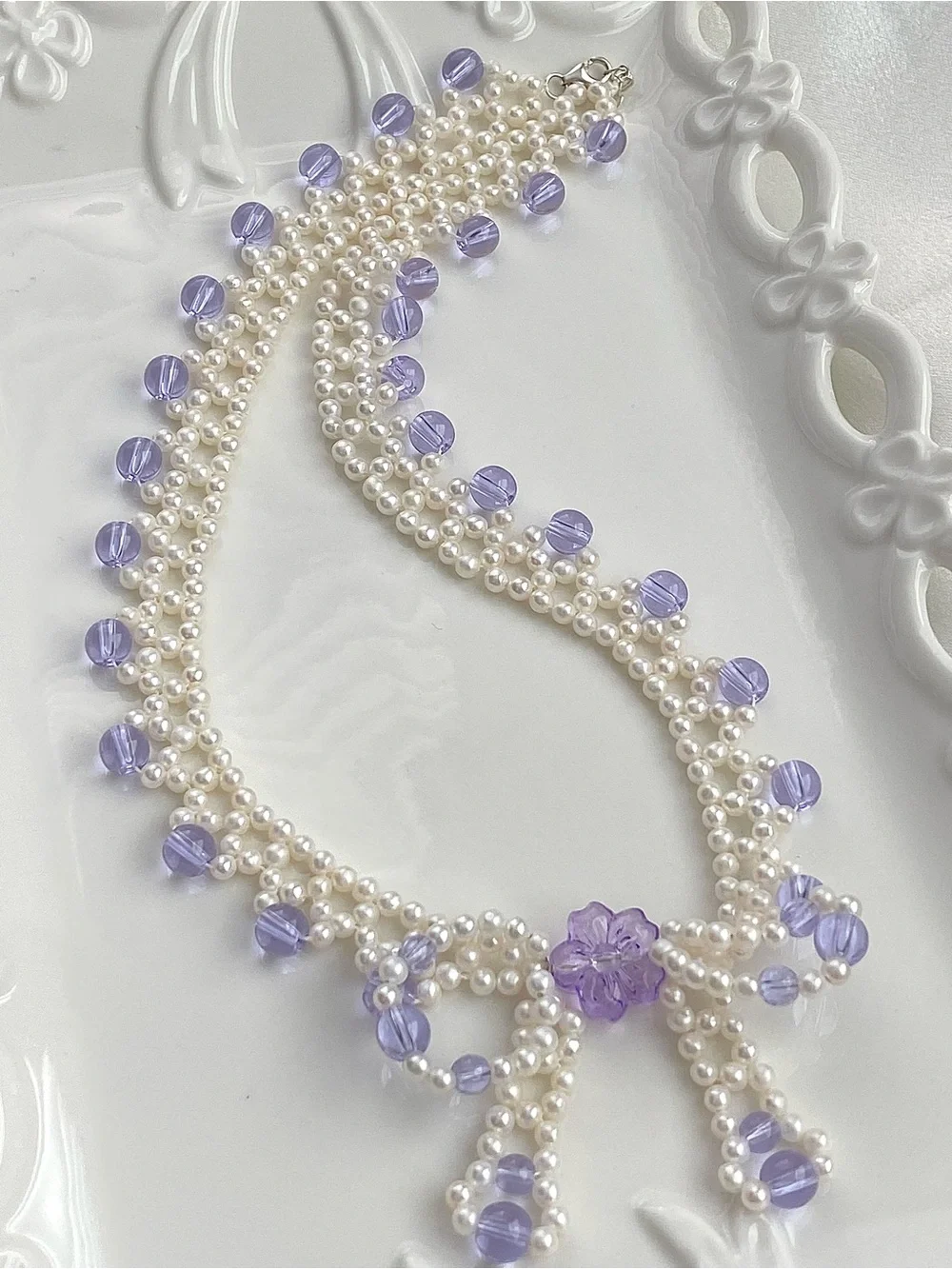 GP88-Handmade Braided High Quality Round Baby Pearl And Amethyst Bow Necklace